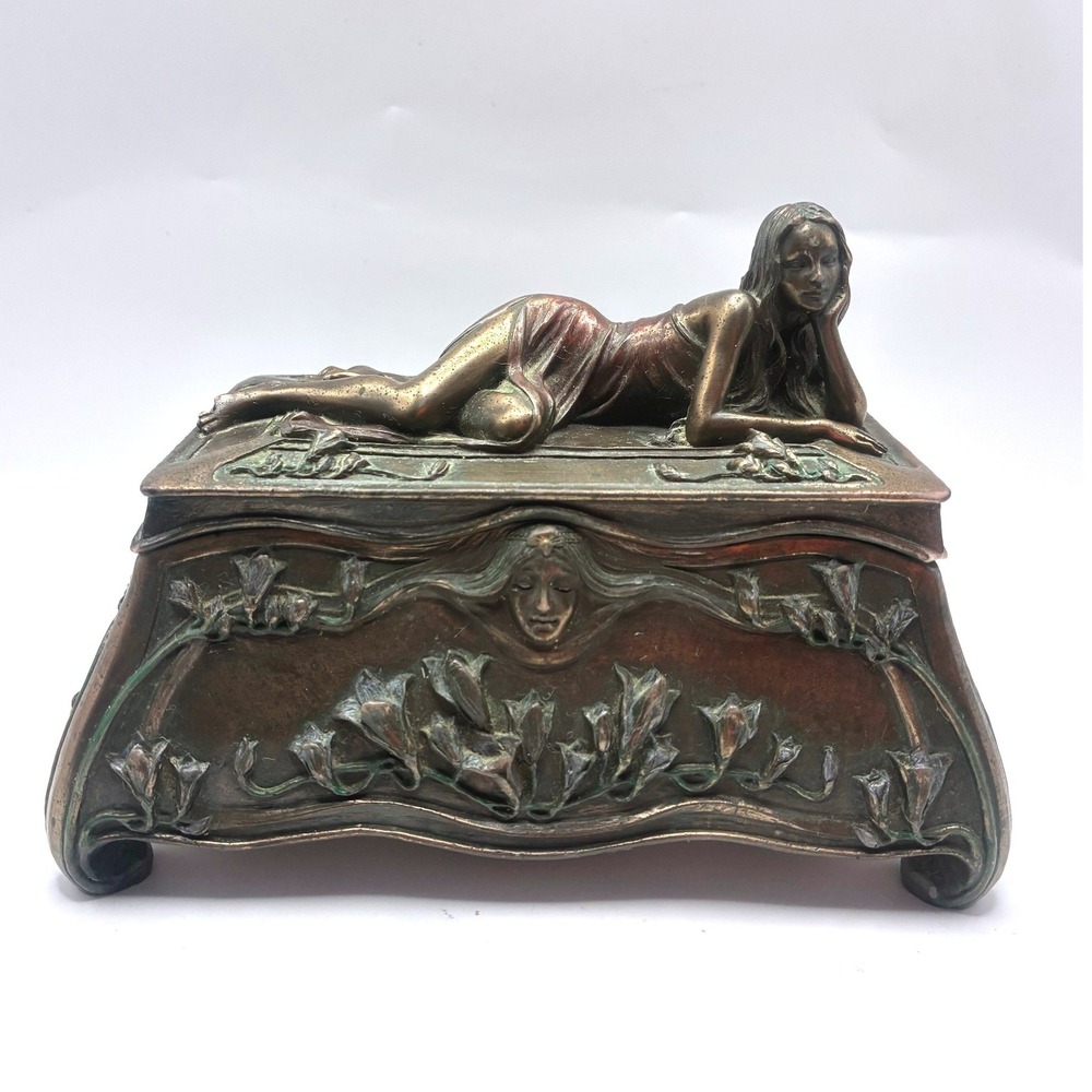 Art Nouveau Jewelry Trinket Box Resin with Bronze Tone Reclining Maiden Floral